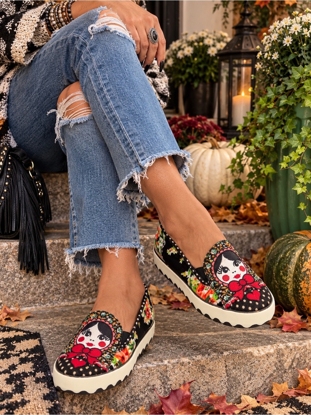 IRREGULAR CHOICE Matryoshka Doll Floral Platform Slip-On Sneakers Size 8